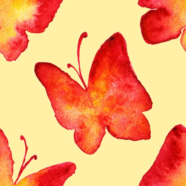 Watercolor red yellow butterfly seamless pattern background — Stock Photo, Image