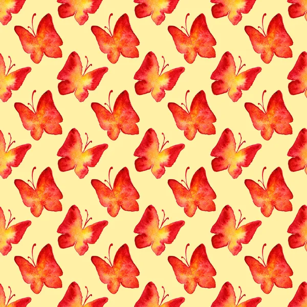 Akvarelu červený žlutý motýl vzor bezešvé pozadí — Stock fotografie