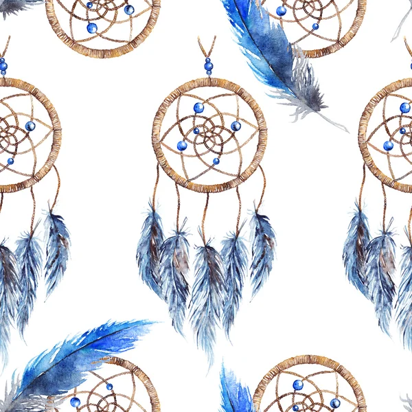 Watercolor ethnic tribal hand made feather dream catcher seamless pattern — Stock Photo, Image