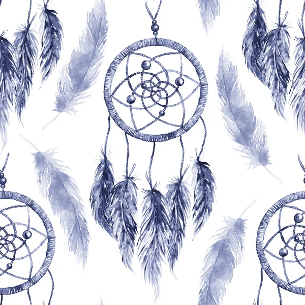 Watercolor ethnic tribal hand made feather dream catcher seamless pattern — Stock Photo, Image