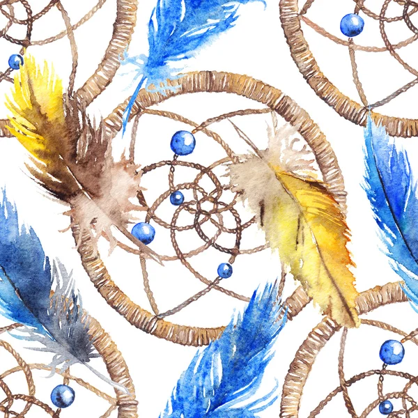 水彩民族部落手制作的羽毛梦想捕手无缝模式 — 图库照片