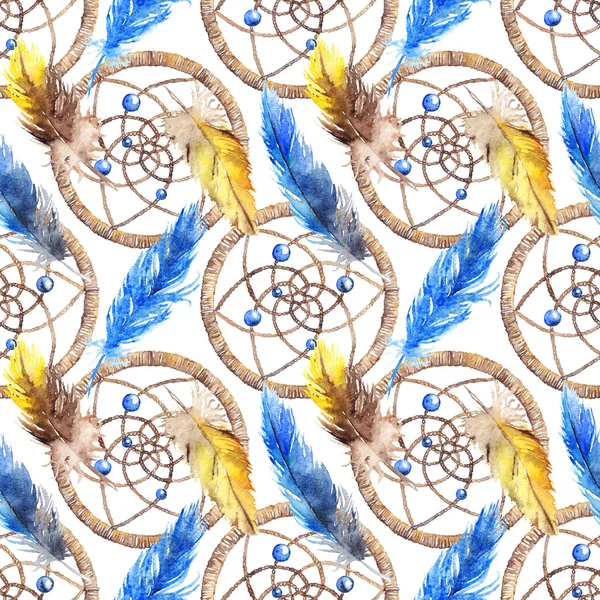 Watercolor ethnic tribal hand made feather dream catcher seamless pattern — Stock Photo, Image