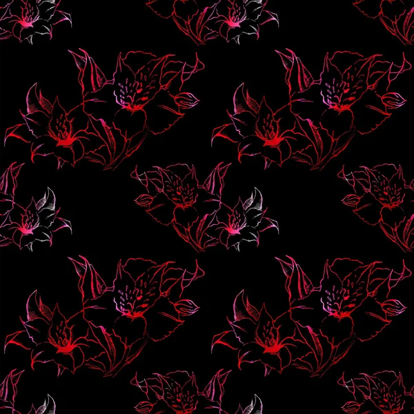 Rote und schwarze Alstroemeria florales nahtloses Muster Textur Hintergrund Vektor — Stockvektor