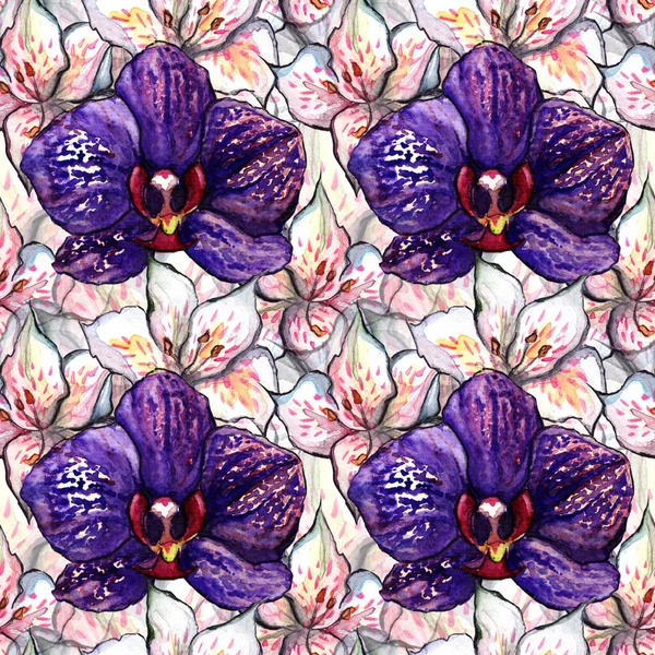 Acuarela floral orquídea alstroemeria sin costuras patrón textura fondo — Foto de Stock