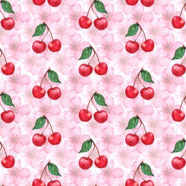 Suluboya kiraz berry sakura Dikişsiz desen doku arka plan vektör