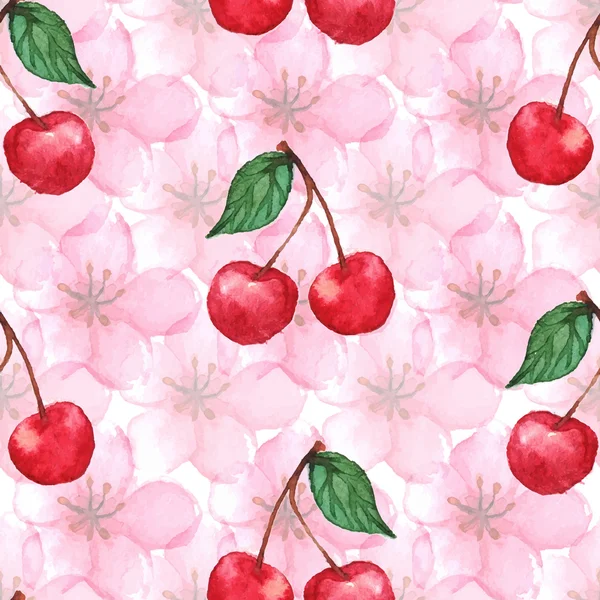 水彩桜ベリーさくらシームレス パターン テクスチャ背景ベクトル — ストックベクタ