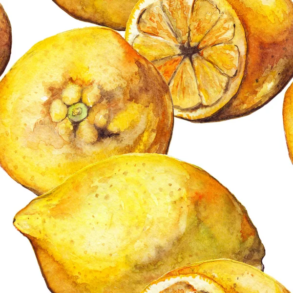 Acuarela amarillo limón cítricos fruta sin costuras patrón fondo textura — Foto de Stock