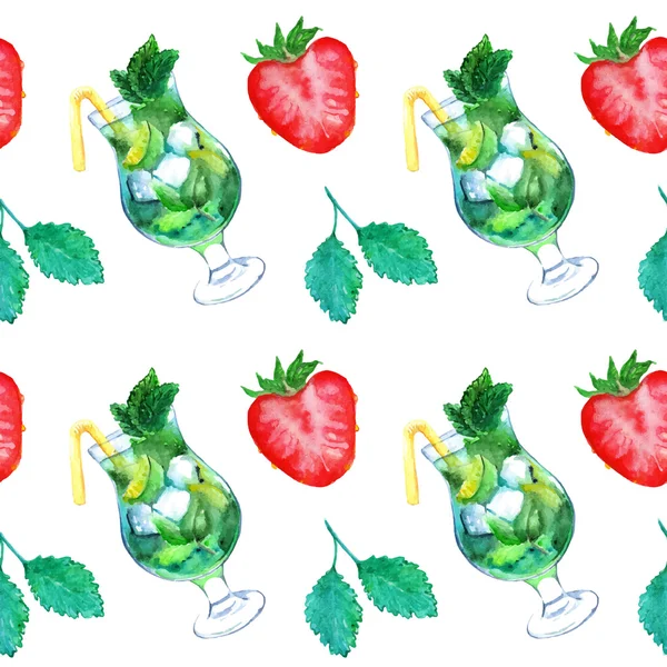 Watercolor mojito lime ice mint strawberry cocktail seamless pattern vector — Stock Vector