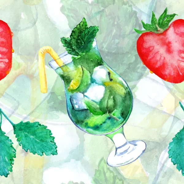 Aquarela mojito limão gelo hortelã morango cocktail vetor padrão sem costura —  Vetores de Stock