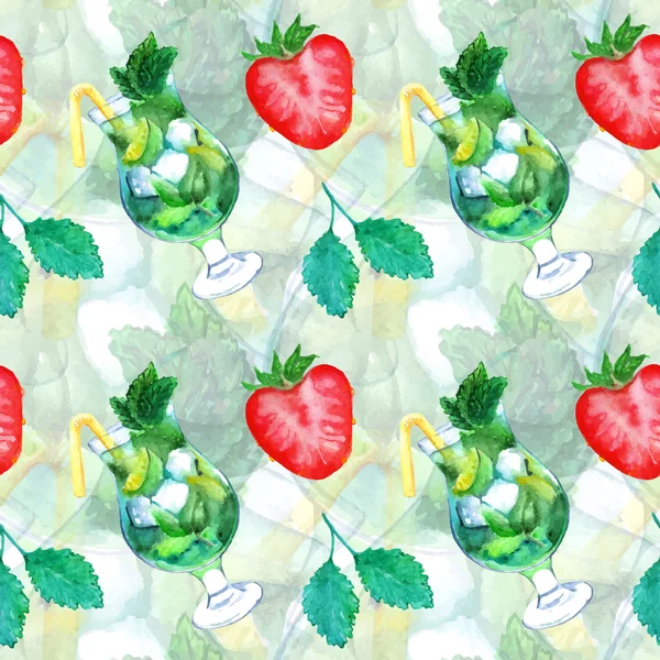수채화 모 히 토 라임 아이스 민트 딸기 칵테일 원활한 패턴 벡터 — 스톡 벡터