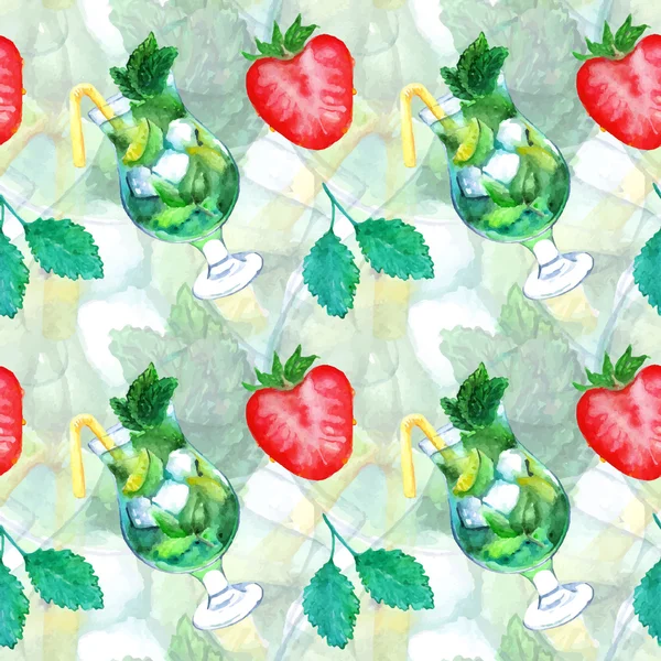 Watercolor mojito lime ice mint strawberry cocktail seamless pattern vector
