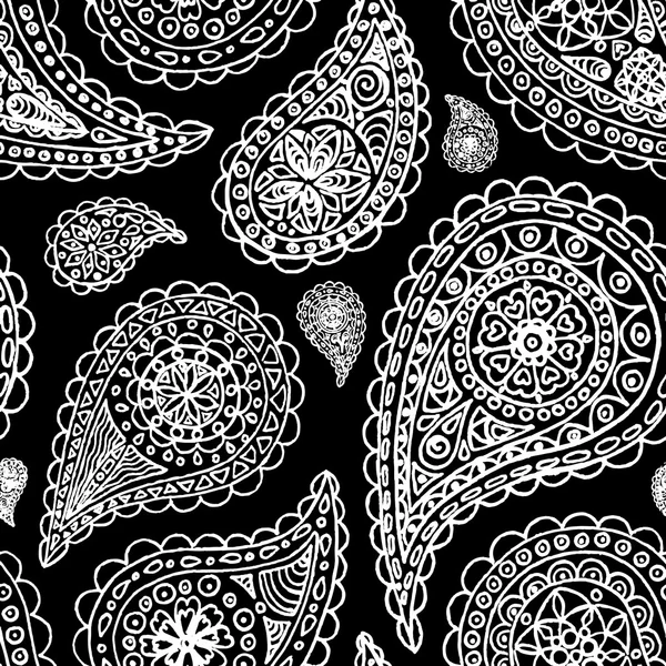 Paisley buta doodle linha monocromática arte vetor padrão sem costura — Vetor de Stock