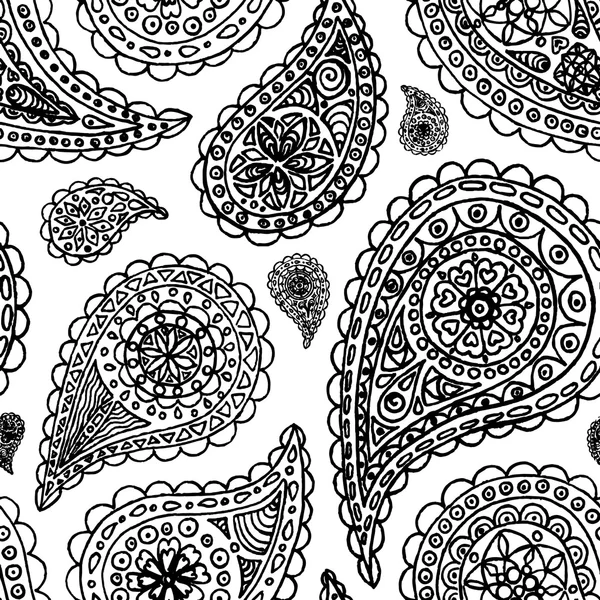 Paisley buta doodle monocromo línea arte sin costura patrón vector — Vector de stock