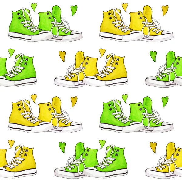 Υδατογραφήματακίτρινο πράσινο αθλητικά παπούτσια ζεύγος καρδιές χωρίς ραφές μοτίβο φόντο — Φωτογραφία Αρχείου