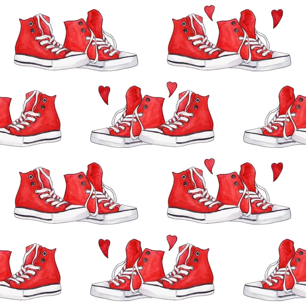 Aquarell rote Turnschuhe Paar Herzen nahtlose Muster Hintergrund — Stockfoto