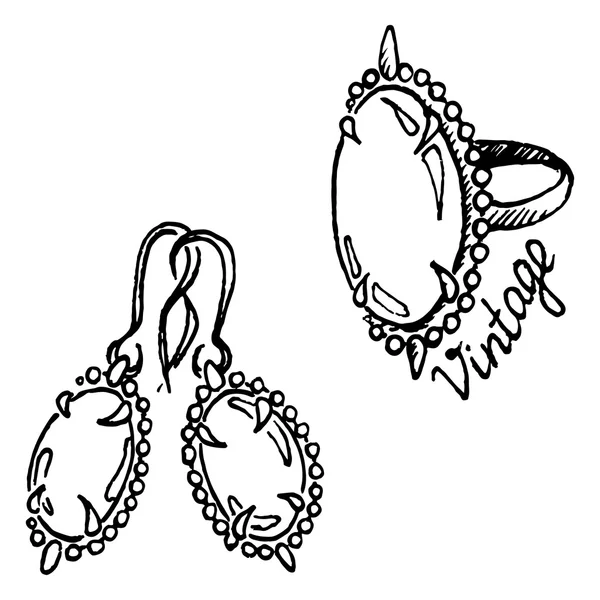 Pendientes anillo Doodle conjunto de joyas bosquejo vintage vector aislado — Archivo Imágenes Vectoriales