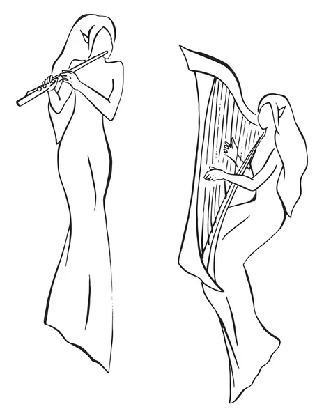 Alverna gycklare med harpa och flöjt raden art vektor — Stock vektor