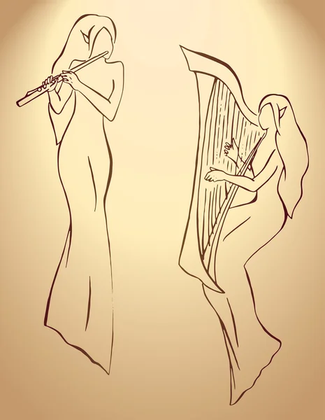 Alverna gycklare med harpa och flöjt raden art vektor — Stock vektor