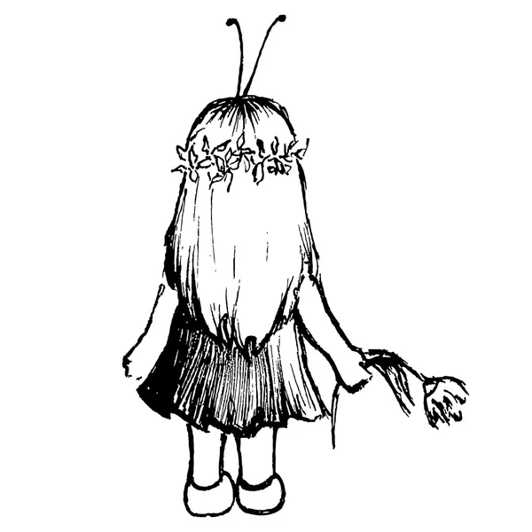 Malé dítě dívka v hmyzu kostýmu s květinou skica vektor — Stockový vektor