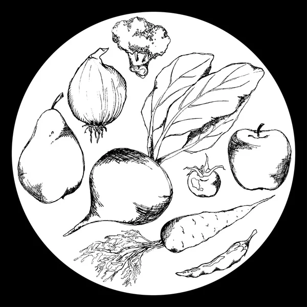 蔬菜水果单色墨水手绘制设置的矢量 — 图库矢量图片