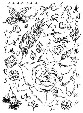 Elle çizilmiş sembol mürekkep satırı sanat vektör kümesi