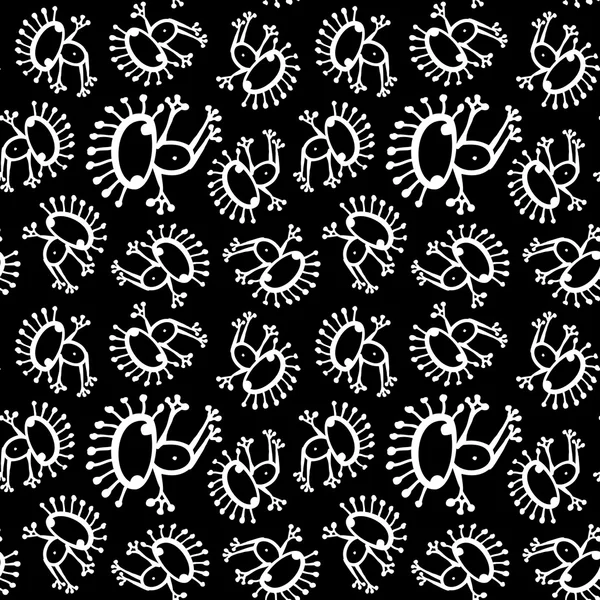 Noir blanc monochrome gribouille alien grenouille motif sans couture vecteur — Image vectorielle