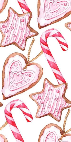 Akvarell karácsonyi candy cane gyömbéres keksz zökkenőmentes minta — Stock Fotó