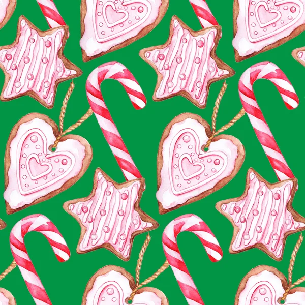 Akwarela Christmas candy cane imbir ciasteczka bezproblemowa wzór — Zdjęcie stockowe