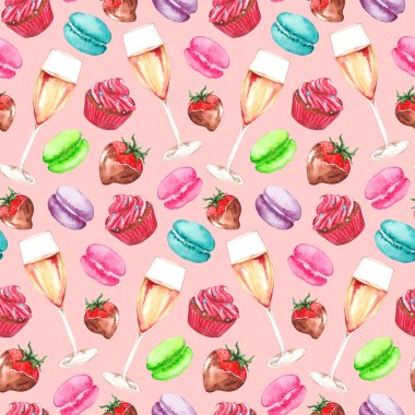 Suluboya şampanya çilekli çikolatalı kek izole ayarla