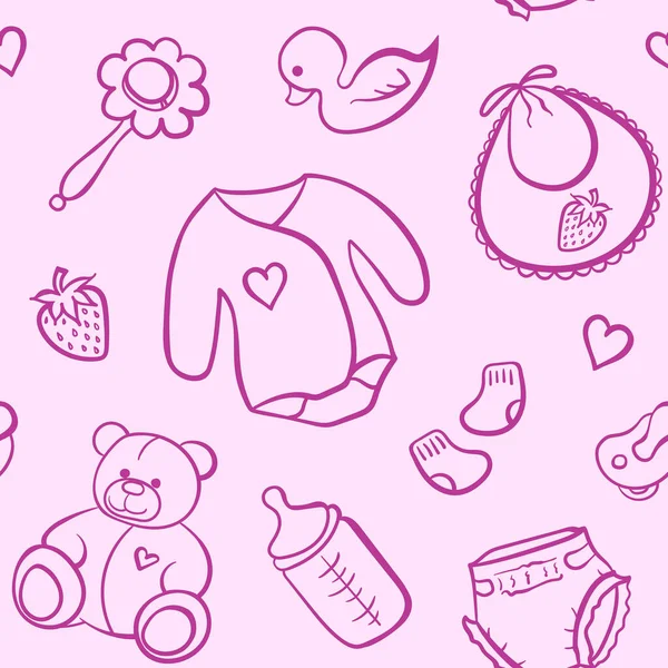 Κινούμενο Νεογέννητο Κοριτσάκι Ρούχα Παιχνίδια Πράγματα Μονόχρωμη Ροζ Γραμμή Τέχνη — Διανυσματικό Αρχείο