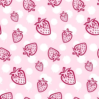 Strawberry berry cream monochrome pink white sketch seamless pattern texture background vector