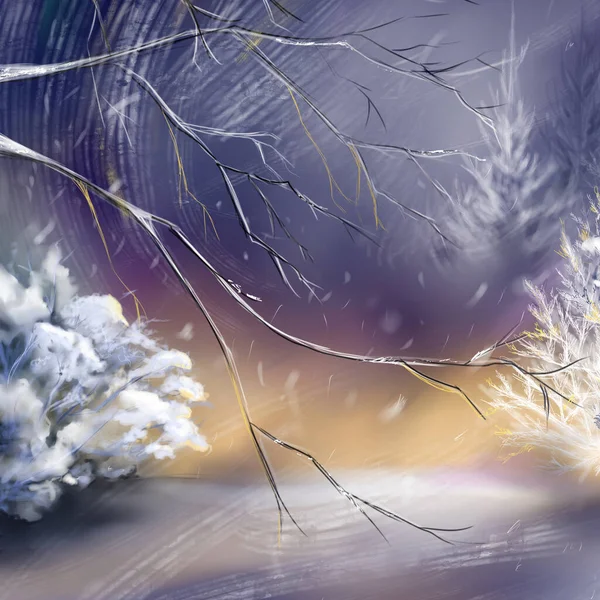 Watercolor Violet Night Winter Wood Forest Fir Snow Landscape Digital — Stock Photo, Image