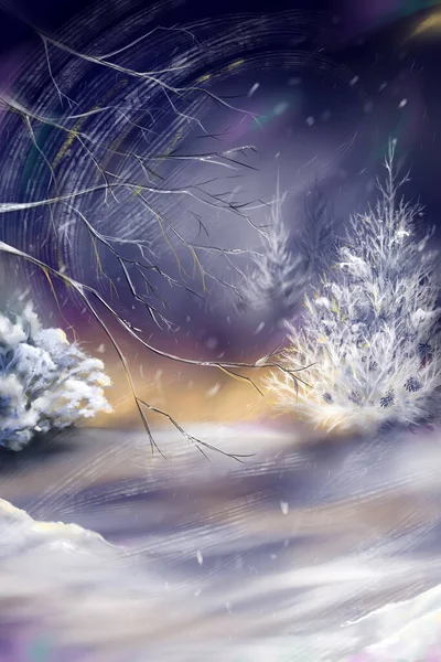 Watercolor Violet Night Winter Wood Forest Fir Snow Landscape Digital — Stockfoto