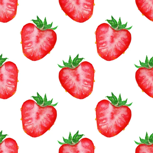 Acquerello Disegnato Mano Schizzo Rosso Fragola Fetta Senza Cuciture Texture — Foto Stock