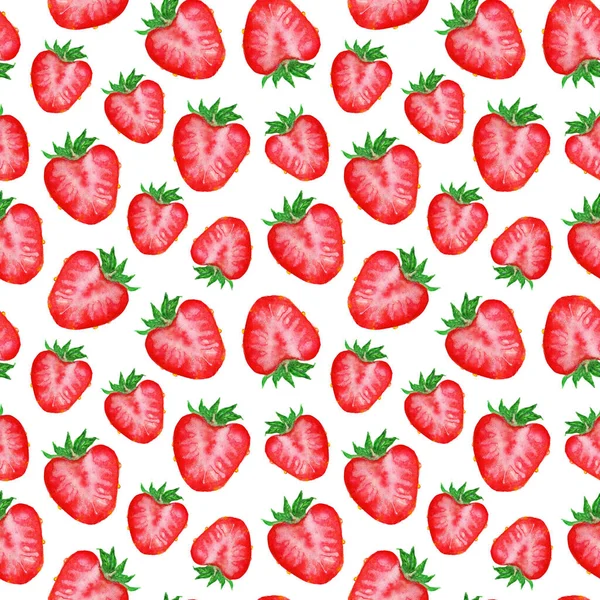 Watercolor Hand Drawn Sketch Red Strawberry Berry Slice Seamless Pattern — Stock Photo, Image