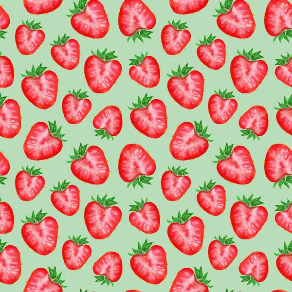 Watercolor Hand Drawn Sketch Red Strawberry Berry Slice Seamless Pattern — Stock Photo, Image