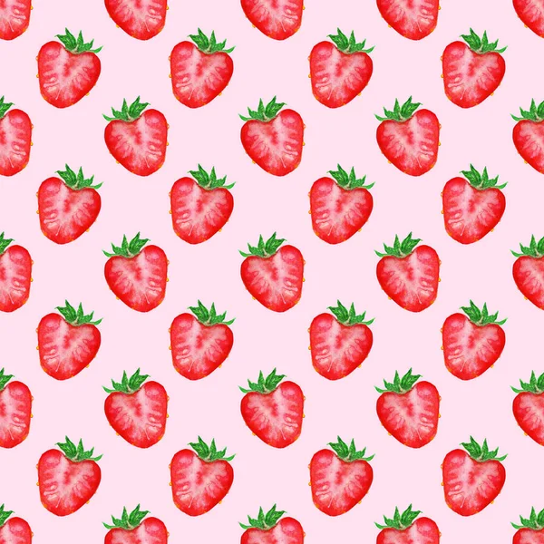 水彩手描きスケッチ赤いイチゴのスライスシームレスなパターンテクスチャ背景 — ストック写真