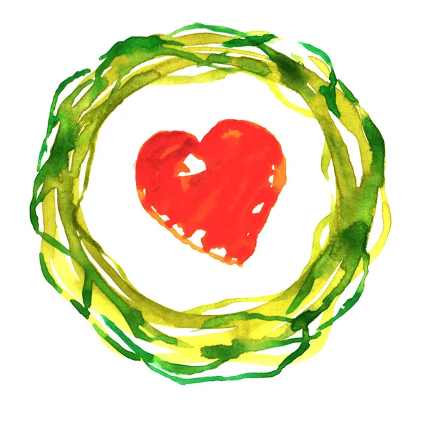 Watercolor Green Yellow Twisted Intertwined Circle Wreath Red Heart Isolated — Stock Photo, Image