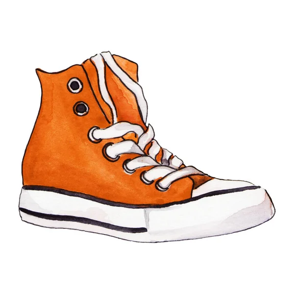 Aquarel Een Enkele Oranje Sneaker Sportschoenen Schets Geïsoleerde Kunst — Stockfoto