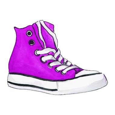 Suluboya tek bir mor spor ayakkabısı, izole edilmiş sanat eskizi.