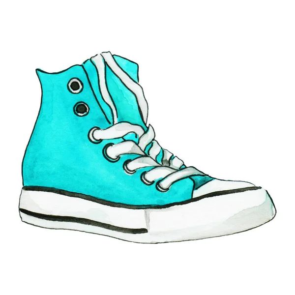 Watercolor One Single Cyan Sneaker Sport Shoes Sketch Isolated Art — Stock Photo, Image