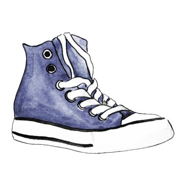 Suluboya tek bir lacivert spor ayakkabısı çizimi izole edilmiş sanat.
