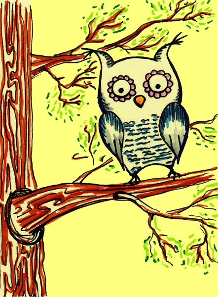 木の枝に黄色の漫画フクロウ — ストックベクタ