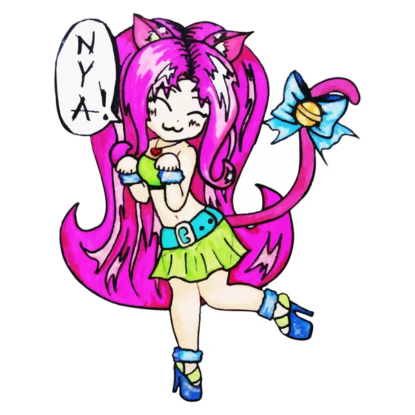 Colorido gato chica anime manga kawaii dibujos animados vector aislado — Archivo Imágenes Vectoriales