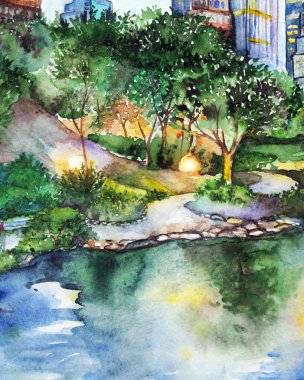Gece akşam şehir parkı açık göl manzara ağaçlar
