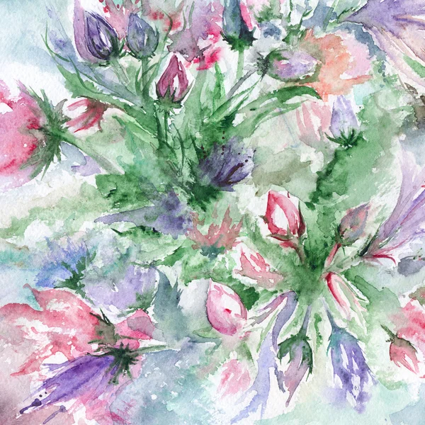 Watercolor romantic pink green violet flowers background — Stock Photo, Image