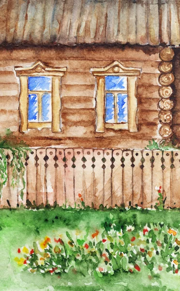 Maison de cabane aquarelle et jardin dans village — Photo