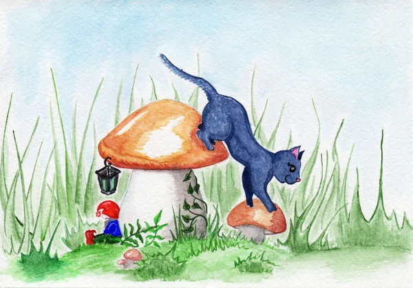 Глейдовый кот и грибной волшебный ландшафт фантазии — стоковое фото