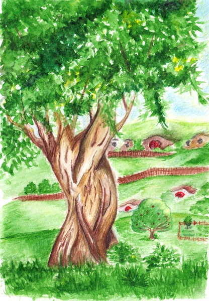 Akvarell nagy zöld fa fekvő falu — Stock Fotó