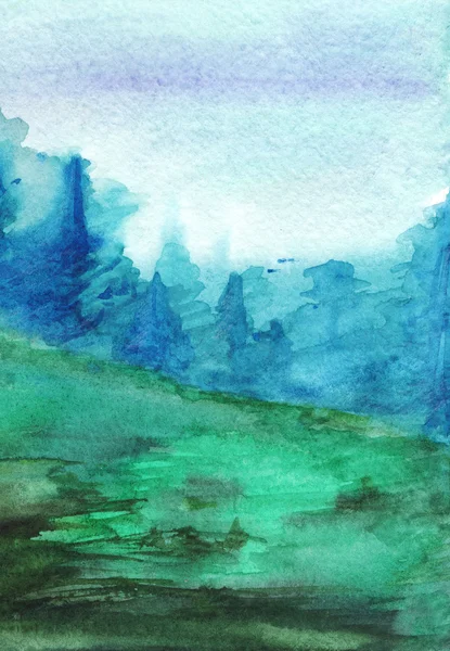 Aquarelle bleu marine vert forêt brouillard automne bois paysage — Photo